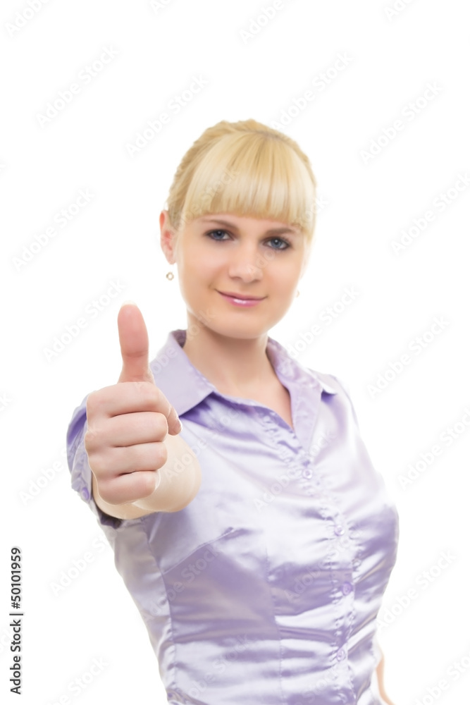 Young woman raises thumb up Young woman raises thumb up