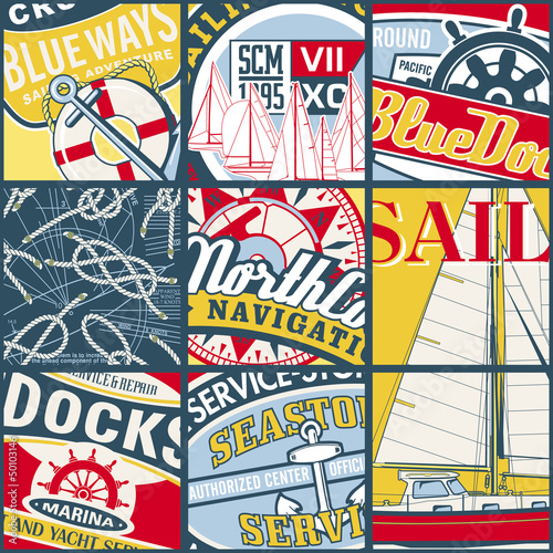 Vintage sailing stickers patchwork vector wallpaper photo