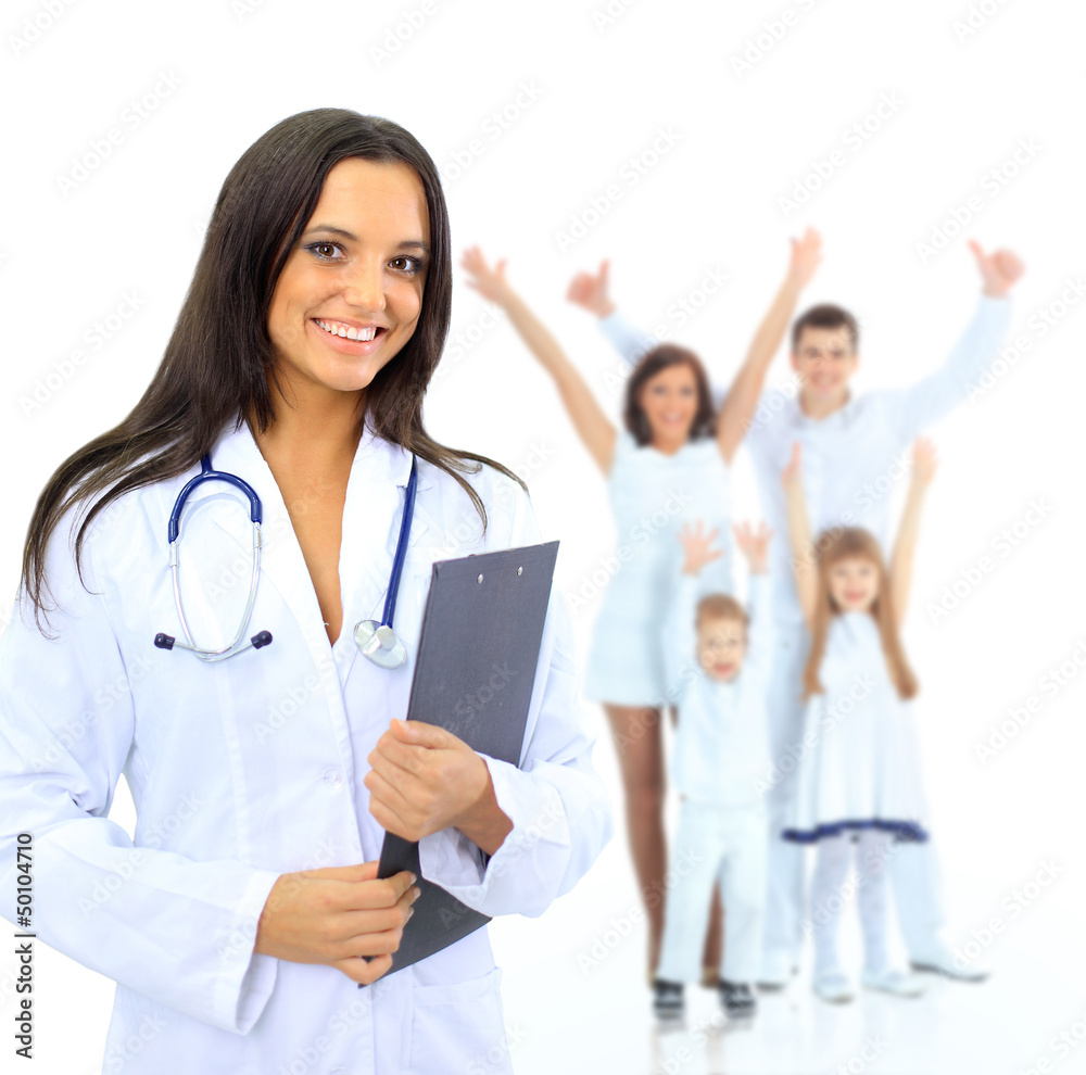 Young attractive female doctor and family isolated Young attractive female doctor and family isolated
