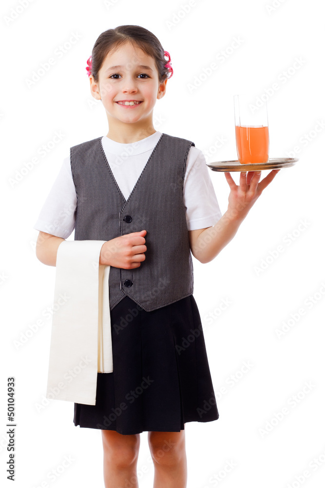 Little waitress with tray and glass of juice Little waitress with tray and glass of juice