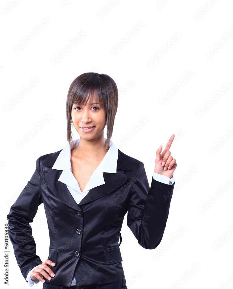 Business woman pointing at white background Business woman pointing at white background