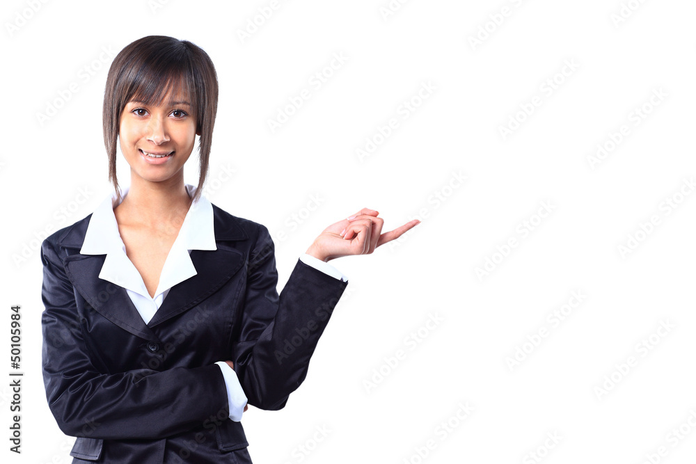 Business woman pointing at white background