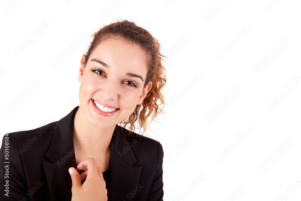 Pretty young business woman smiling on white background Pretty young business woman smiling on white background