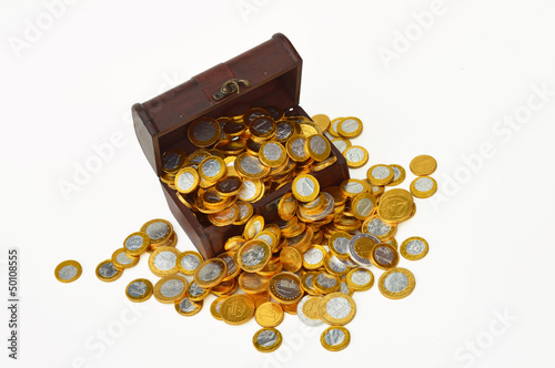 Treasury trunk with chocolate candy euro coins photo