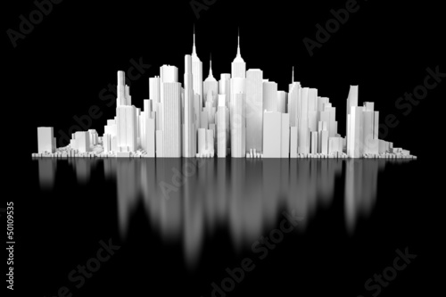 3d white city isolated on black mirror background