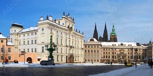 Panorama of Prague Castle and Archbishop's palace in winter