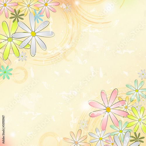 spring flowers over beige old paper background with circles