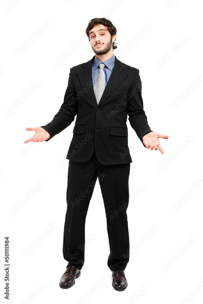Approachable young business man with open arms isolated Approachable young business man with open arms isolated
