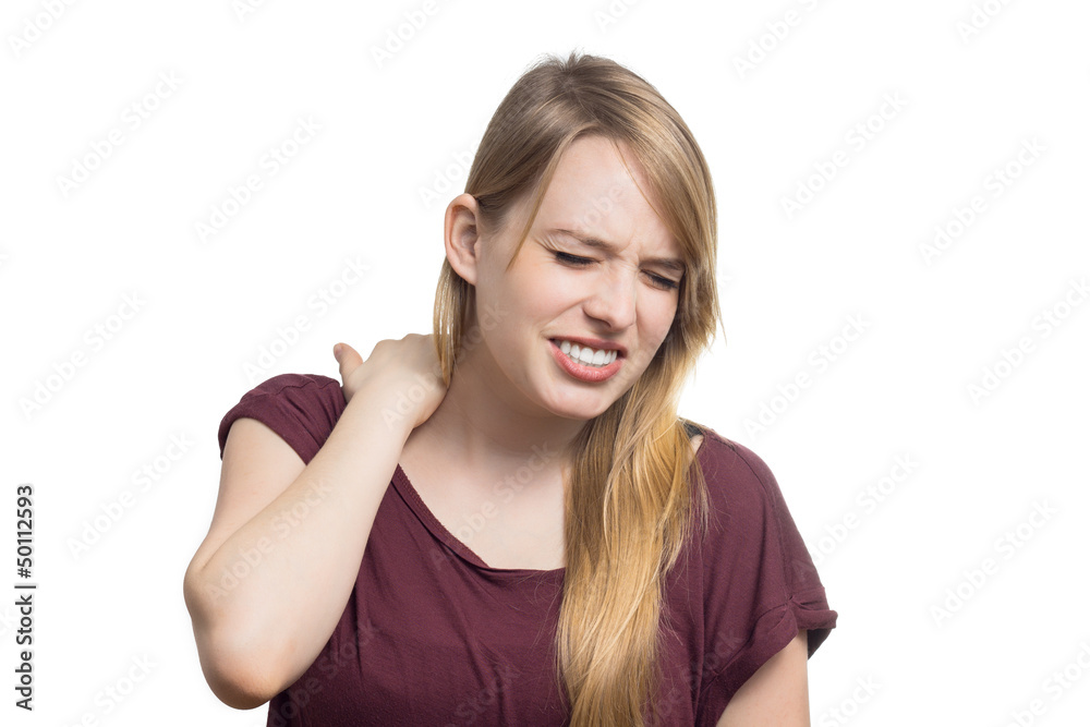 Junge blonde Frau hat Nackenschmerzen Junge blonde Frau hat Nackenschmerzen
