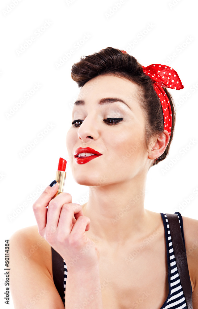 Pin-up woman with lipstick on white background Pin-up woman with lipstick on white background