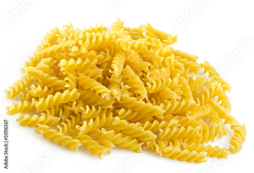  Fusilli Pasta close up on white background