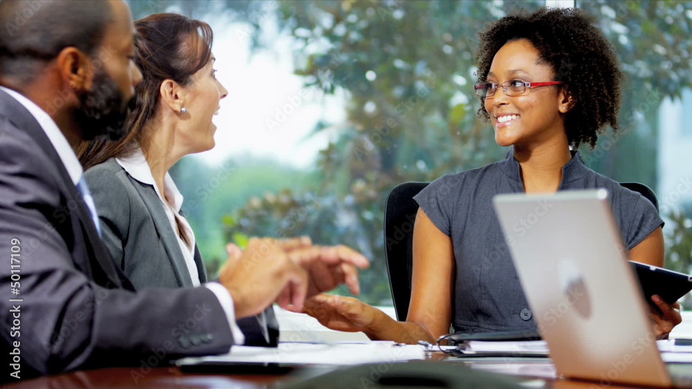 Multi Ethnic Business Consultants Receiving News Success Multi Ethnic Business Consultants Receiving News Success