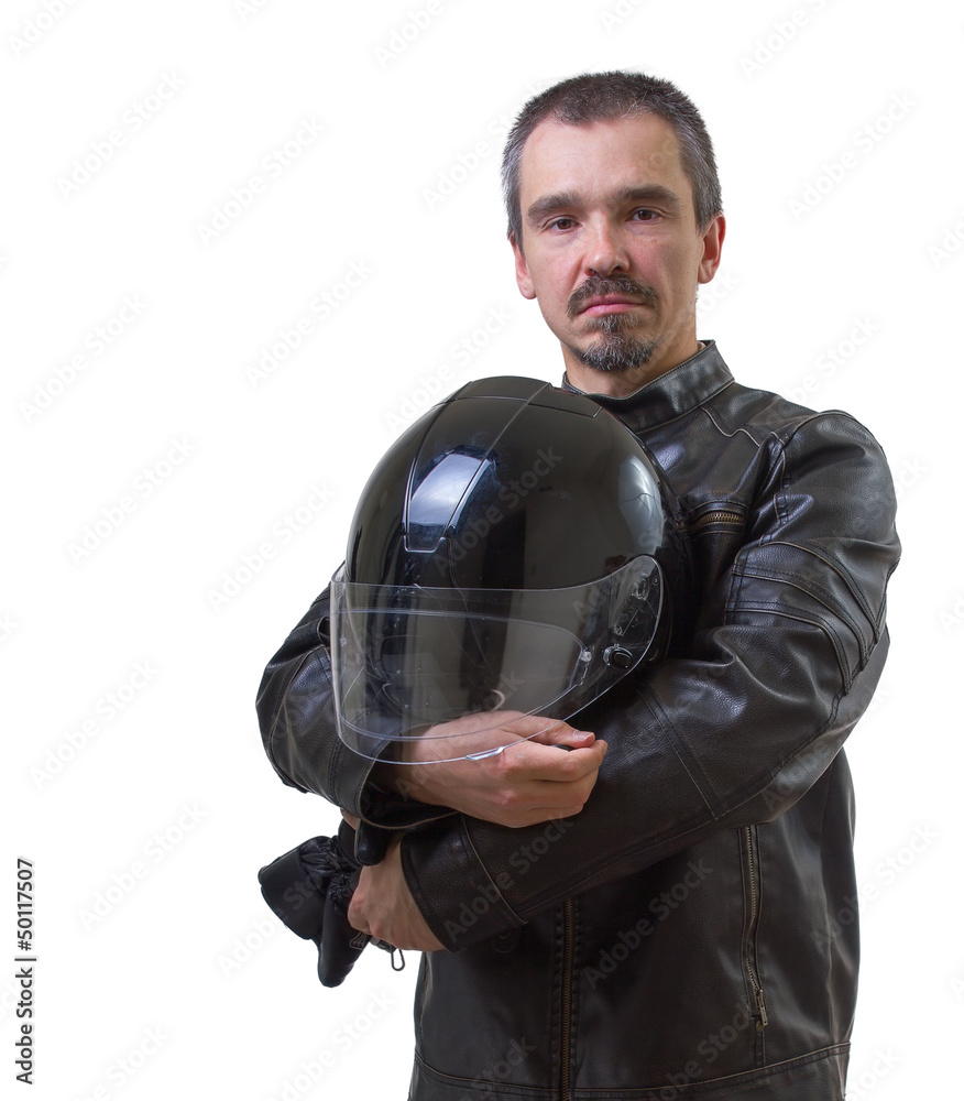Plakat Adult motorcyclist in brown leather jacket.