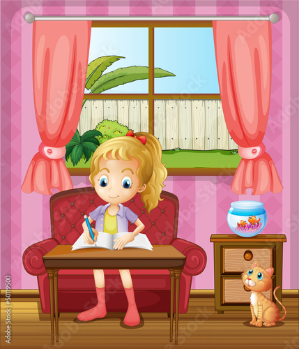 A girl writing inside the house with a cat