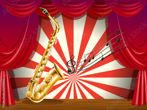 A saxophone and the musical notes at the stage