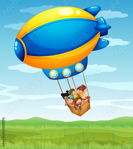 A stripe airship carrying a group of kids