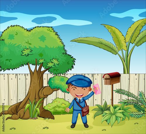 A mailman near the wooden mailbox