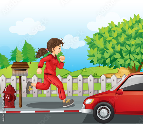 A girl in a red jacket and pants running