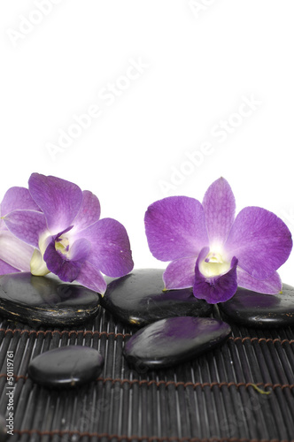 spa concept-two pink orchid laying on zen stones on mat