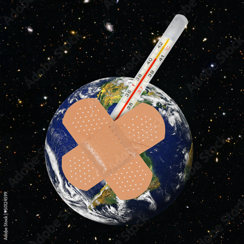 Sick earth with bandaid and thermometer