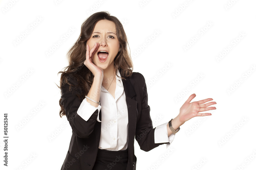 satisfied and happy woman shouting with both hands next to the m satisfied and happy woman shouting with both hands next to the m