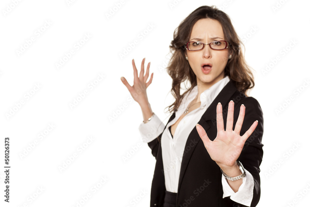 nice screaming business woman with stop placed hand nice screaming business woman with stop placed hand