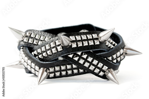 Black leather bracelet with chrome studs photo