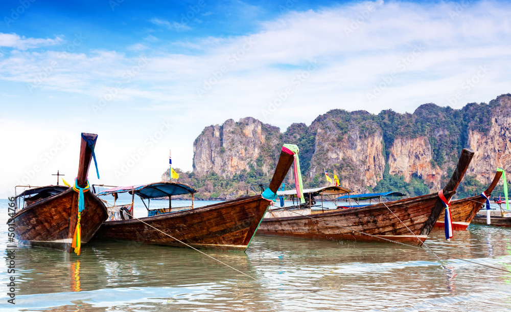 Traditional longtail boats in Railay  beach, Thailand