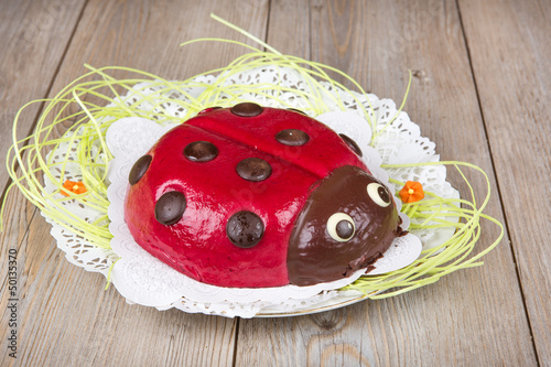 Ladybird cake on wooden background for Easter or birthday photo