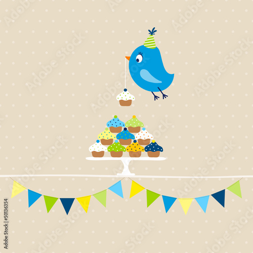 Flying Blue Bird 10 Cupcakes Festoons Beige Dots