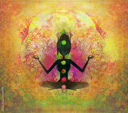 Yoga lotus pose. Padmasana with colored chakra points.