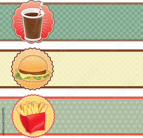 Banners fast food with cola, hamburger and fries.