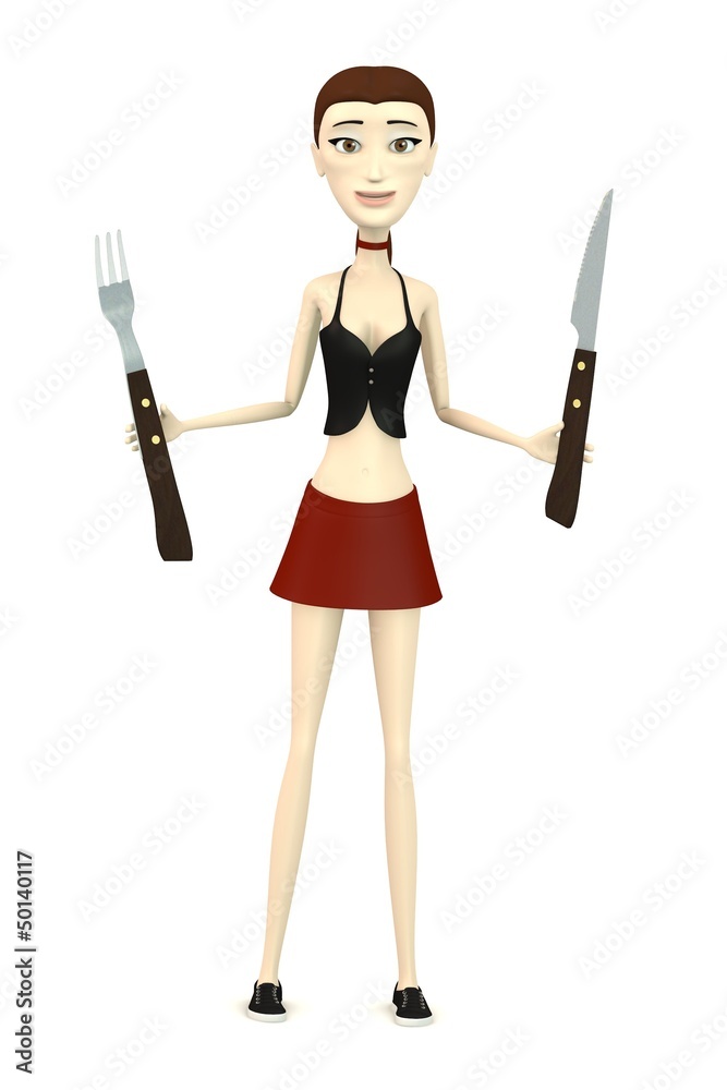 3d render of cartoon character with fork and knife 3d render of cartoon character with fork and knife