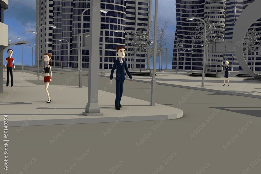 3d render of cartoon characters walking in modern city