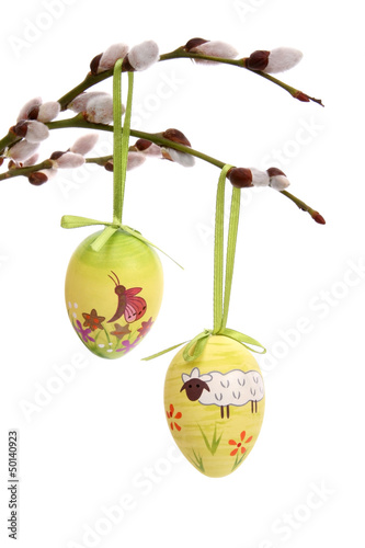 Easter eggs hanging from willow branches