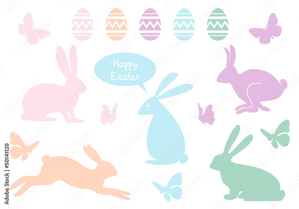 Easter bunnies and eggs, vector set