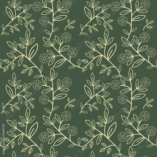 Seamless floral and berries pattern on green background