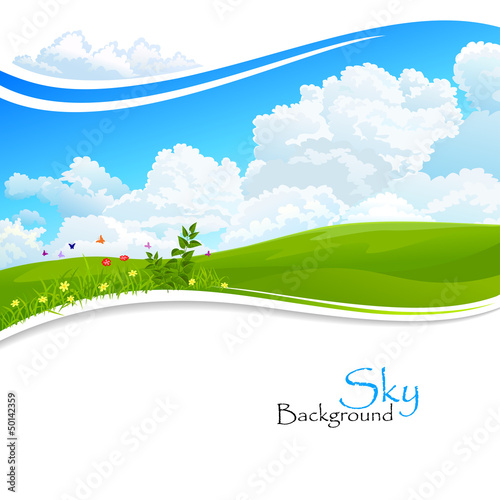 Wild flowers , Green hills and Blue Sky