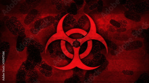 Biohazard symbol and bacteria on damaged red display