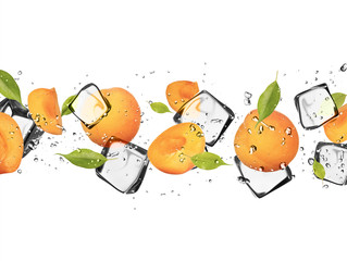 Fototapete Obst im Eis Aprikosen mit Eiswürfeln, isoliert auf weißem Hintergrund  © Jag_cz