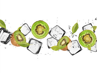Fototapete Obst im Eis Kiwischeiben mit Eiswürfeln, isoliert auf weißem Hintergrund  © Jag_cz