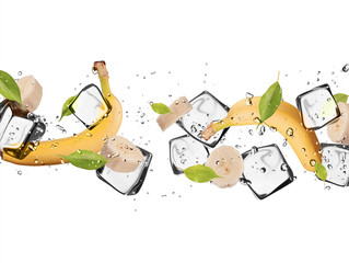 Fototapete Obst im Eis Banane mit Eiswürfeln, isoliert auf weißem Hintergrund  © Jag_cz