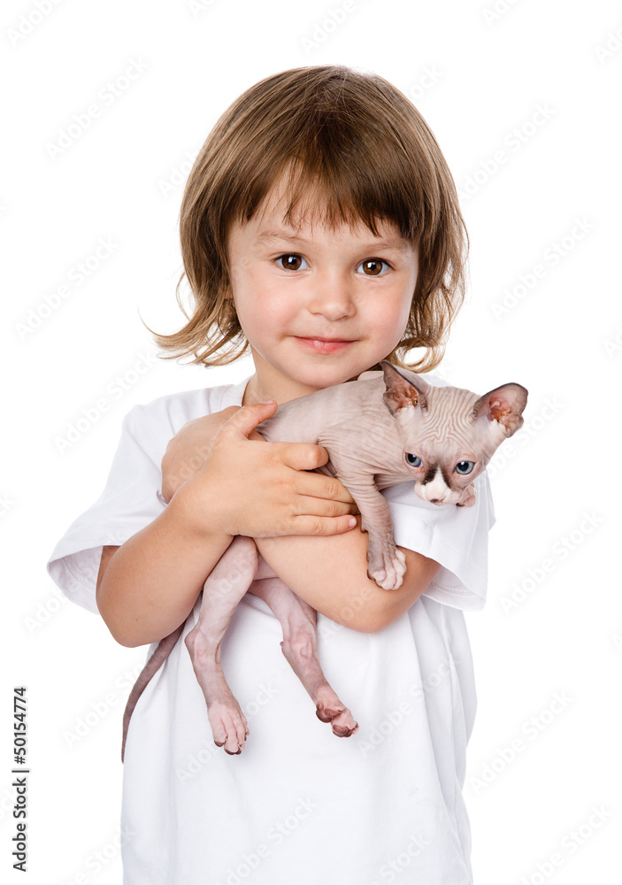 baby girl and Canadian sphynx. isolated on white baby girl and Canadian sphynx. isolated on white