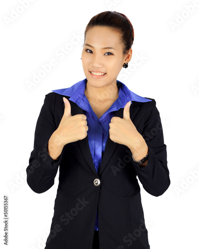 Isolated young business woman withn two thumbs up posing on whit photo