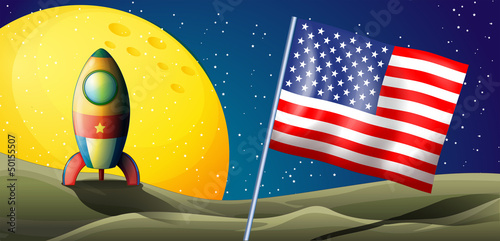 A spaceship landing with a USA flag