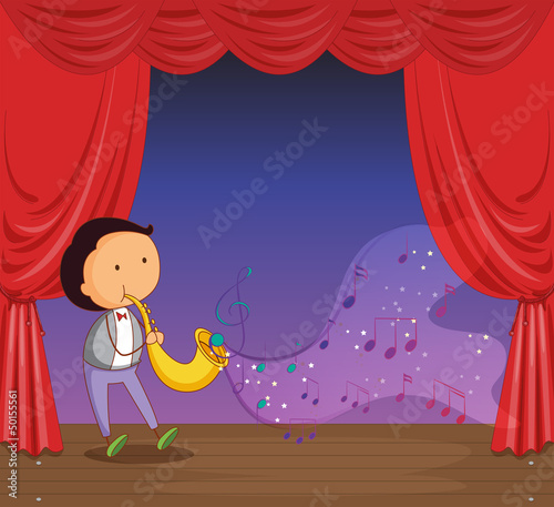 A man performing on stage with musical notes