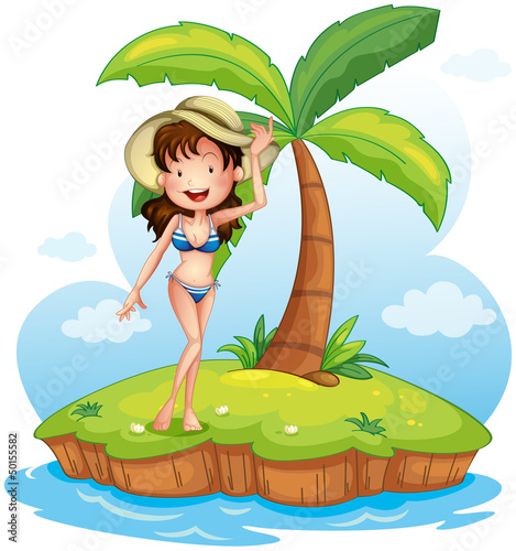 A girl wearing a bikini with a hat in front of a coconut tree