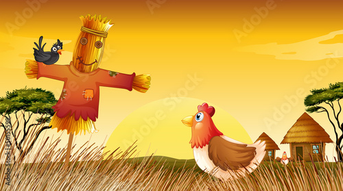 A chicken with a scarecrow and a black bird at the field
