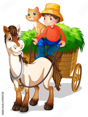 A young boy with a horse and a cat