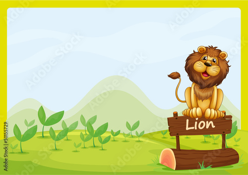 A lion at the top of a wooden signboard
